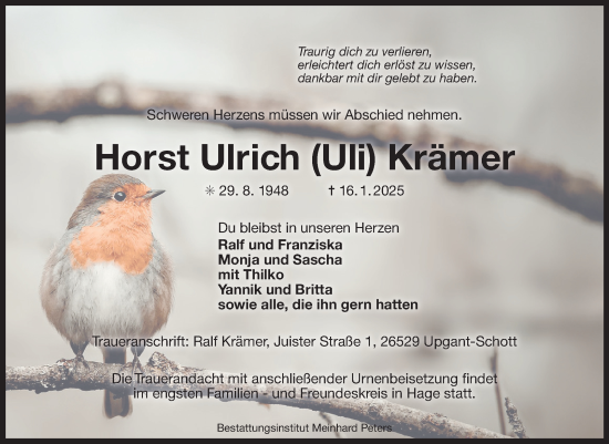 Traueranzeige von Horst Ulrich Krämer von Ostfriesischer Kurier