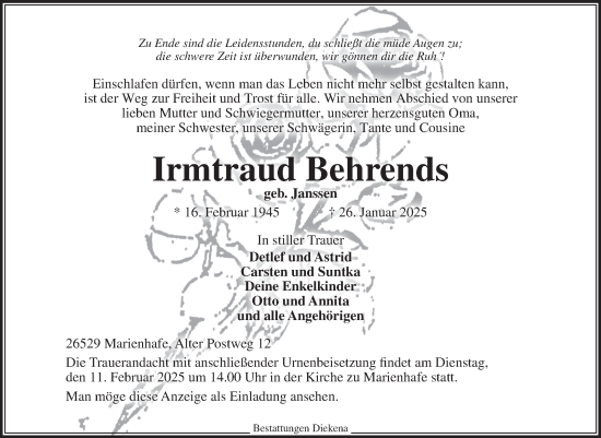Traueranzeige von Irmtraud Behrends von Ostfriesischer Kurier