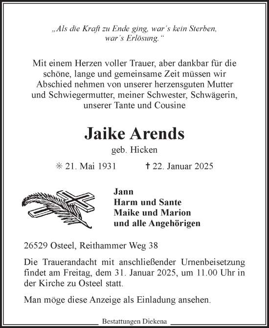 Traueranzeige von Jaike Arends von Ostfriesischer Kurier