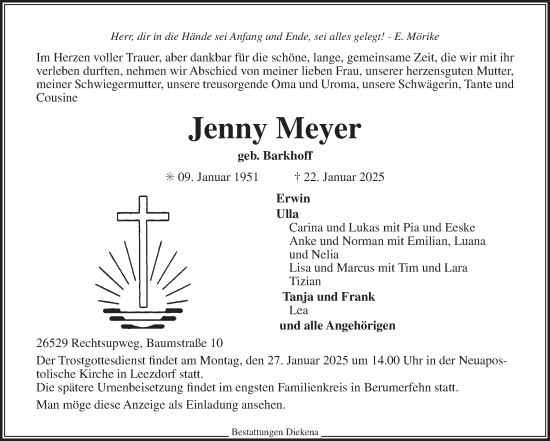 Traueranzeige von Jenny Meyer von Ostfriesischer Kurier
