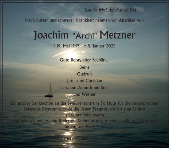 Traueranzeige von Joachim Metzner von Ostfriesischer Kurier