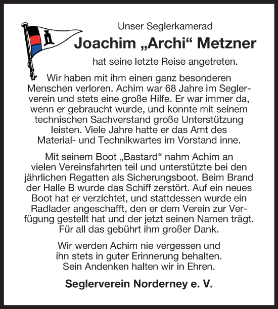 Traueranzeige von Joachim Metzner von Ostfriesischer Kurier