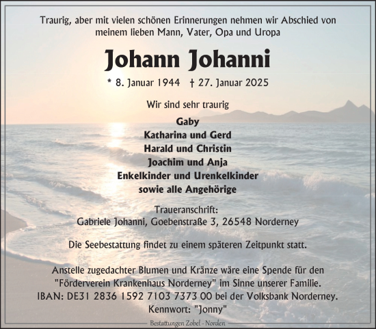 Traueranzeige von Johann Johanni von Ostfriesischer Kurier