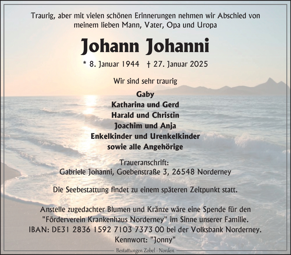  Traueranzeige für Johann Johanni vom 31.01.2025 aus Ostfriesischer Kurier