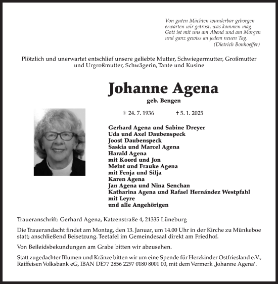 Traueranzeige von Johanne Agena von Ostfriesischer Kurier
