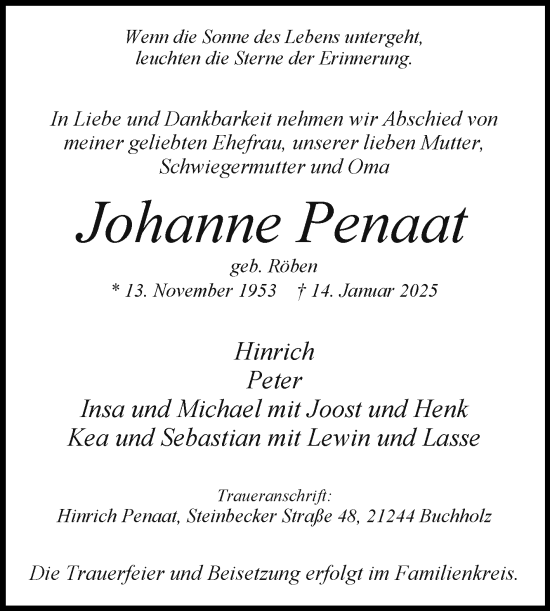 Traueranzeige von Johanne Penaat von Ostfriesischer Kurier