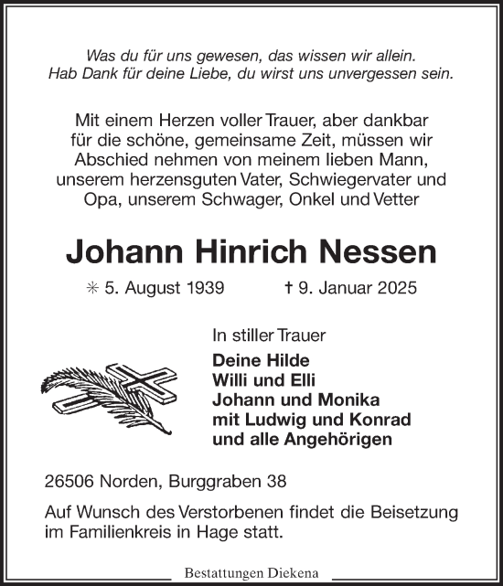 Traueranzeige von Johann Hinrich Nessen von Ostfriesischer Kurier