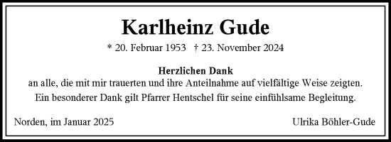Traueranzeige von Karlheinz Gude von Ostfriesischer Kurier