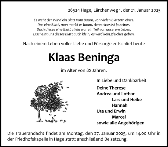 Traueranzeige von Klaas Beninga von Ostfriesischer Kurier