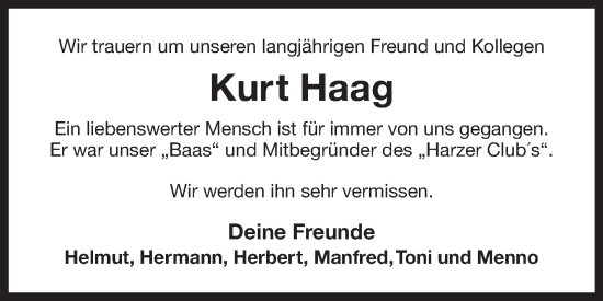 Traueranzeige von Kurt Haag von Ostfriesischer Kurier