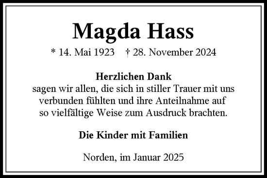 Traueranzeige von Magda Hass von Ostfriesischer Kurier