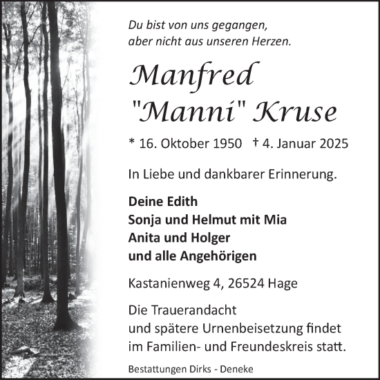 Traueranzeige von Manfred Kruse von Ostfriesischer Kurier