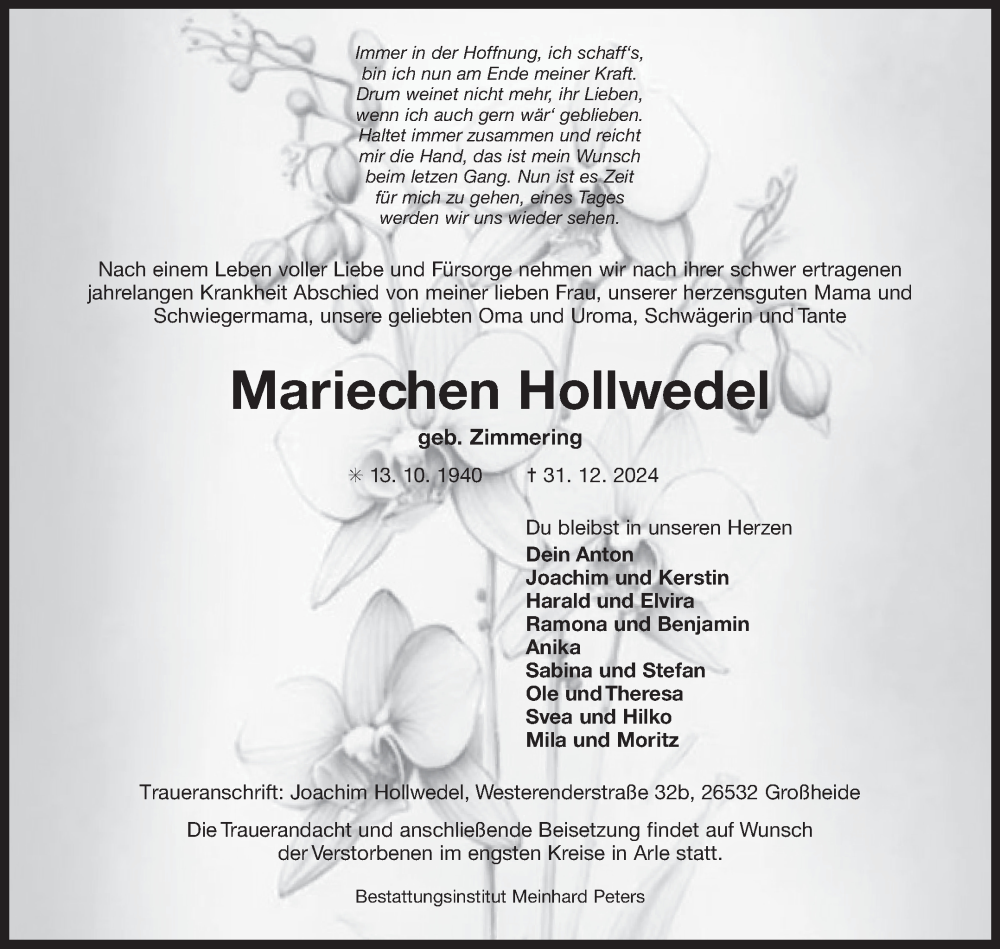  Traueranzeige für Mariechen Hollwedel vom 04.01.2025 aus Ostfriesischer Kurier