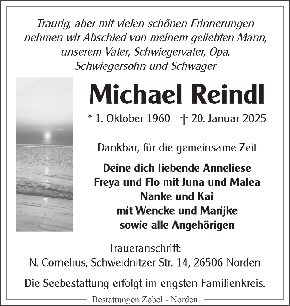  Traueranzeige für Michael Reindl vom 25.01.2025 aus Ostfriesischer Kurier