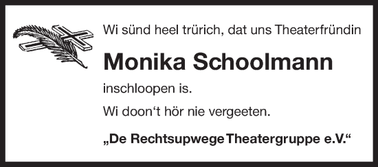 Traueranzeige von Monika Schoolmann von Ostfriesischer Kurier