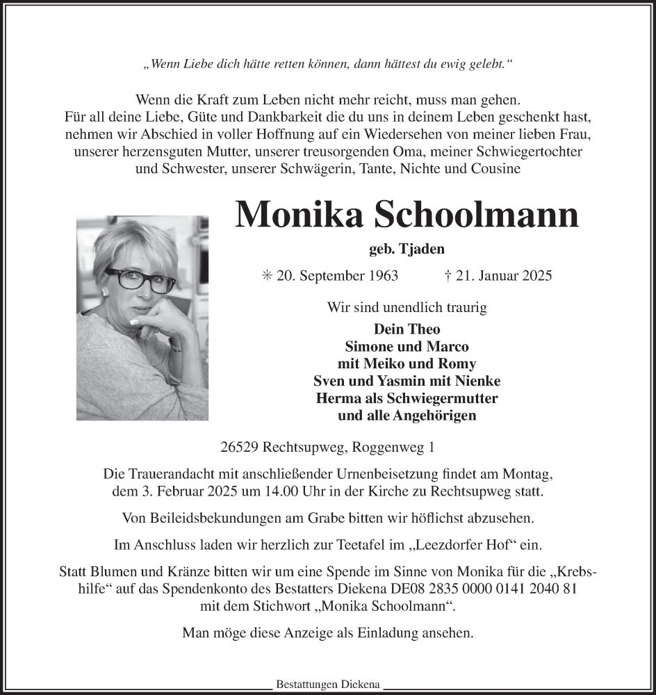  Traueranzeige für Monika Schoolmann vom 24.01.2025 aus Ostfriesischer Kurier