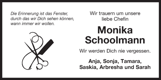 Traueranzeige von Monika Schoolmann von Ostfriesischer Kurier