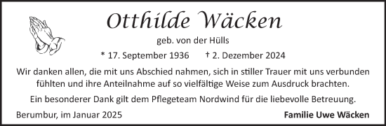 Traueranzeige von Otthilde Wäcken von Ostfriesischer Kurier