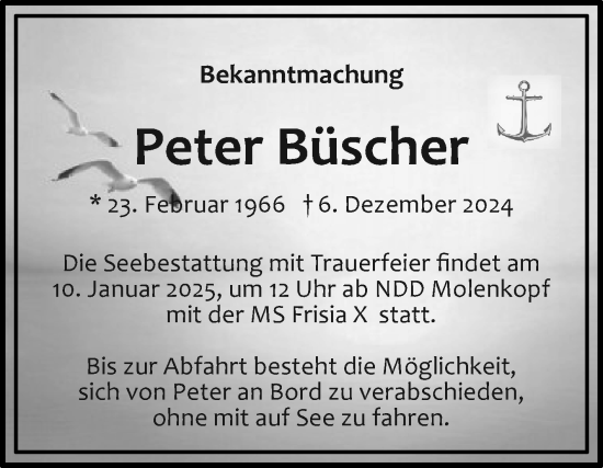 Traueranzeige von Peter Büscher von Ostfriesischer Kurier