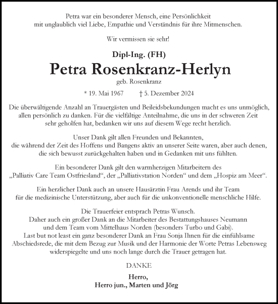 Traueranzeige von Petra Rosenkranz-Herlyn von Ostfriesischer Kurier