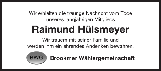 Traueranzeige von Raimund Hülsmeyer von Ostfriesischer Kurier