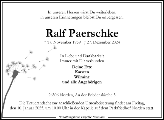 Traueranzeige von Ralf Paerschke von Ostfriesischer Kurier