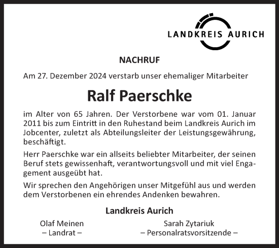 Traueranzeige von Ralf Paerschke von Ostfriesischer Kurier