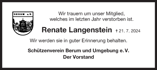 Traueranzeige von Renate Langenstein von Ostfriesischer Kurier