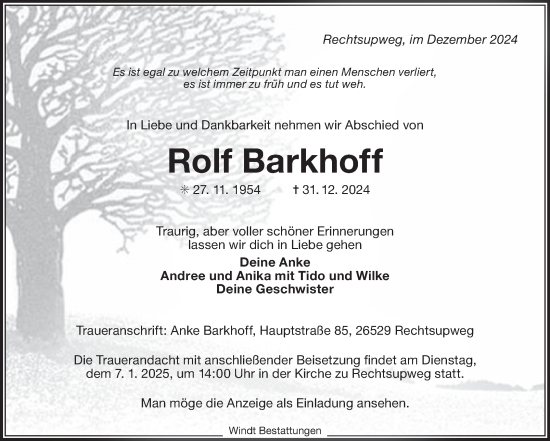 Traueranzeige von Rolf Barkhoff von Ostfriesischer Kurier