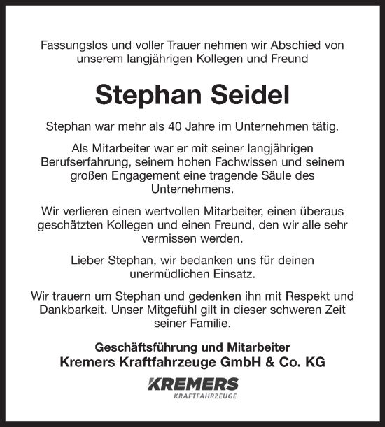 Traueranzeige von Stephan Seidel von Ostfriesischer Kurier