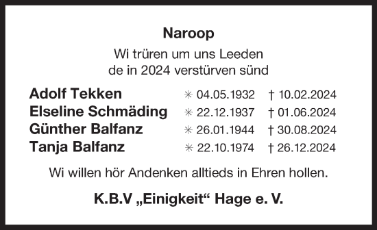 Traueranzeige von Sterbetafel vom 08.01.2025 von Ostfriesischer Kurier