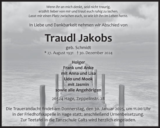 Traueranzeige von Traudl Jakobs von Ostfriesischer Kurier