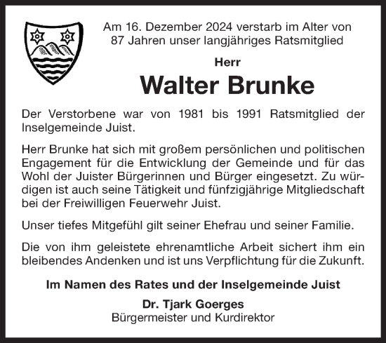 Traueranzeige von Walter Brunke von Ostfriesischer Kurier
