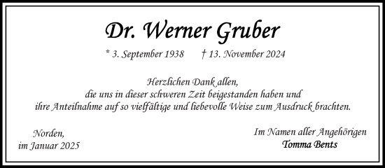 Traueranzeige von Werner Gruber von Ostfriesischer Kurier
