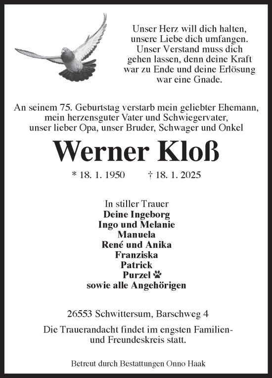 Traueranzeige von Werner Kloß von Ostfriesischer Kurier