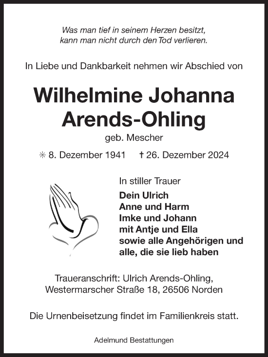 Traueranzeige von Wilhelmine Johanna Arends-Ohling von Ostfriesischer Kurier