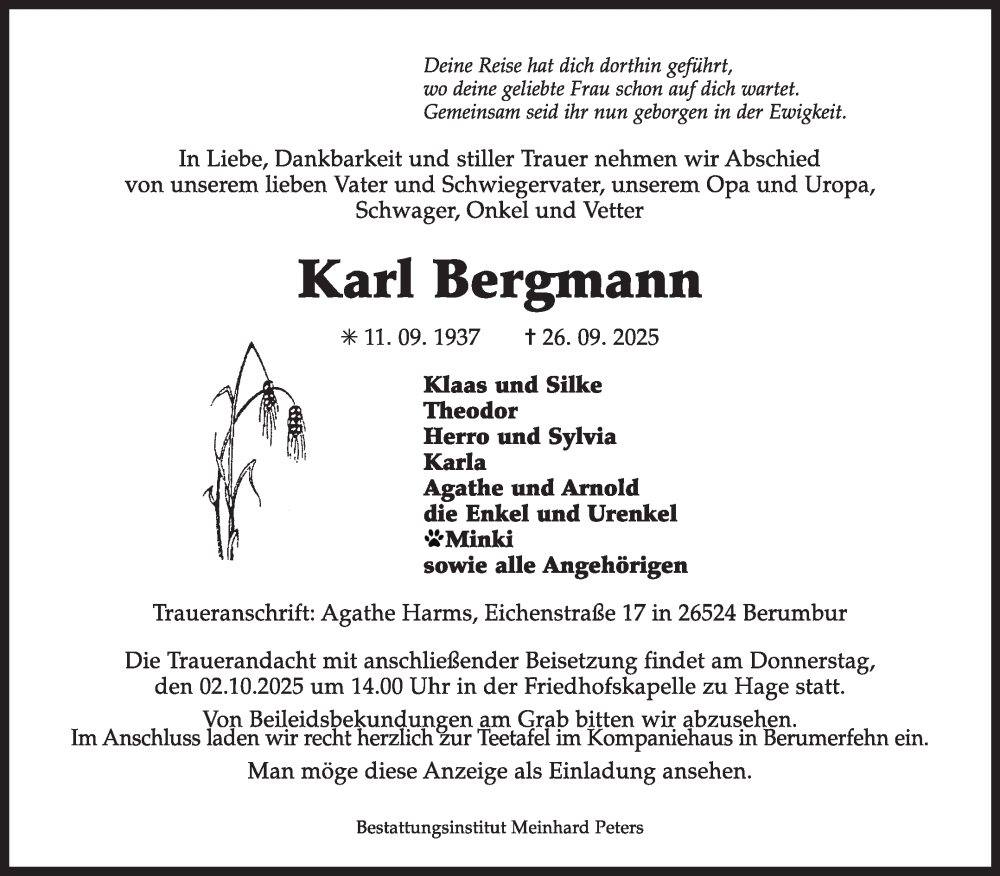  Traueranzeige für Karl Bergmann vom 30.09.2025 aus Ostfriesischer Kurier