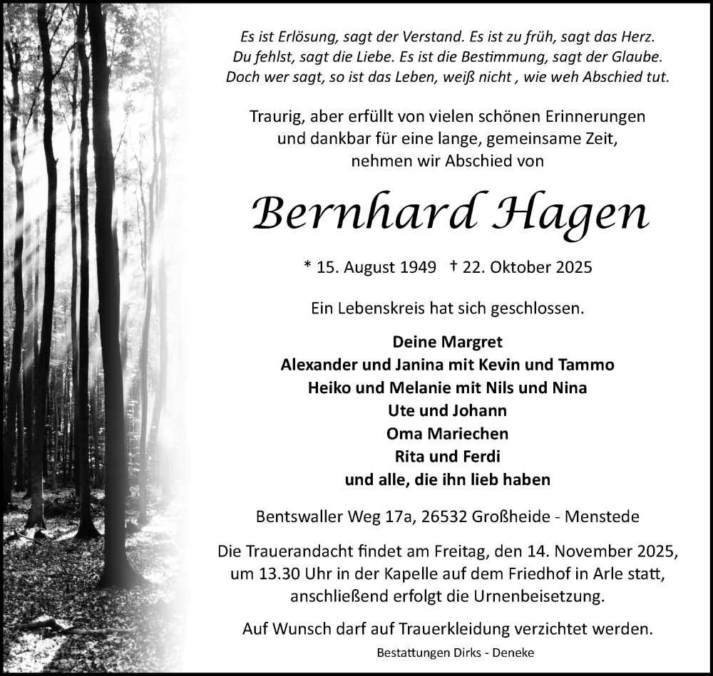  Traueranzeige für Bernhard Hagen vom 25.10.2025 aus Ostfriesischer Kurier