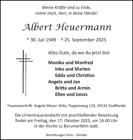 Traueranzeige von Albert Heuermann von Ostfriesischer Kurier