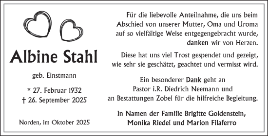 Traueranzeige von Albine Stahl von Ostfriesischer Kurier