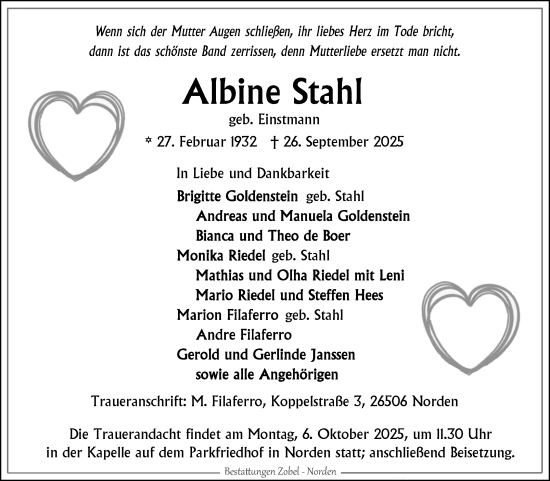 Traueranzeige von Albine Stahl von Ostfriesischer Kurier