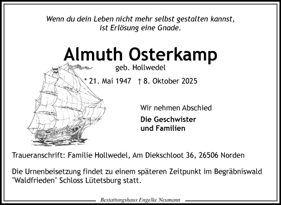 Traueranzeige von Almuth Osterkamp von Ostfriesischer Kurier