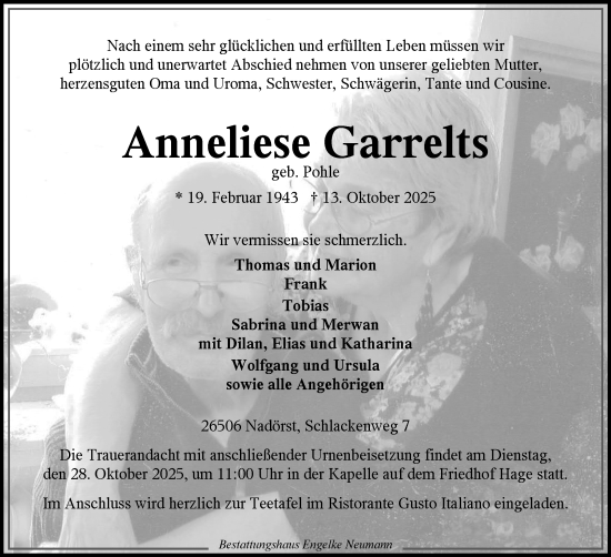 Traueranzeige von Anneliese Garrelts von Ostfriesischer Kurier