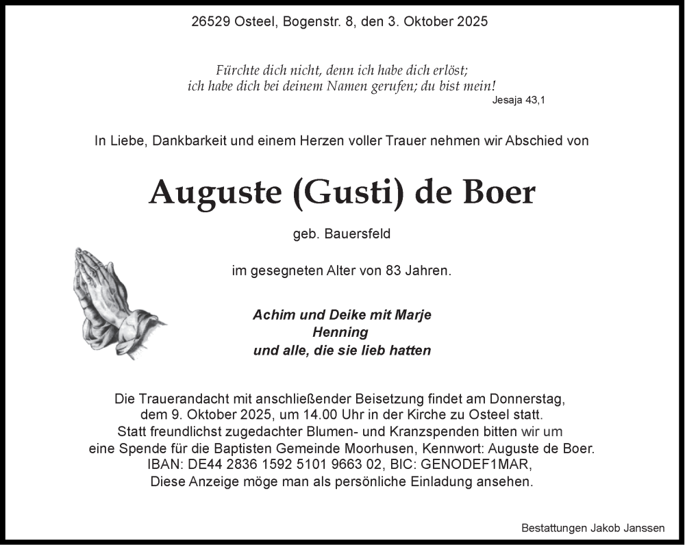  Traueranzeige für Auguste de Boer vom 06.10.2025 aus Ostfriesischer Kurier