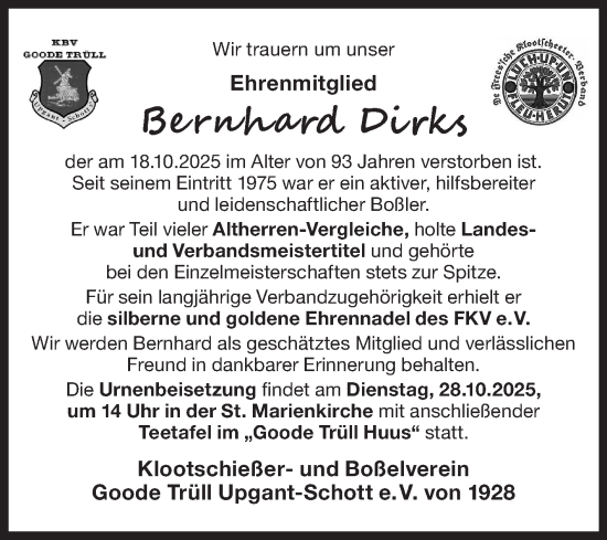 Traueranzeige von Bernhard Dirks von Ostfriesischer Kurier
