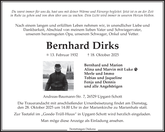 Traueranzeige von Bernhard Dirks von Ostfriesischer Kurier