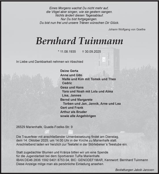 Traueranzeige von Bernhard Tuinmann von Ostfriesischer Kurier