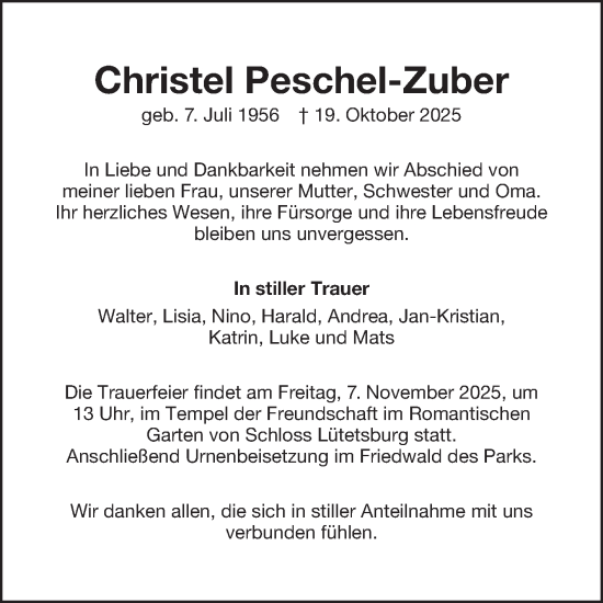 Traueranzeige von Christel Peschel-Zuber von Ostfrisischer Kurier