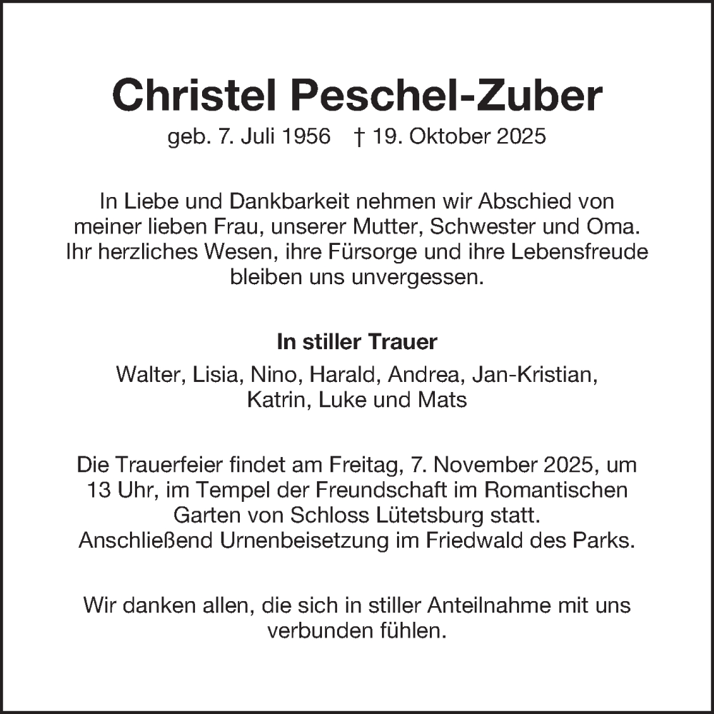  Traueranzeige für Christel Peschel-Zuber vom 31.10.2025 aus Ostfrisischer Kurier