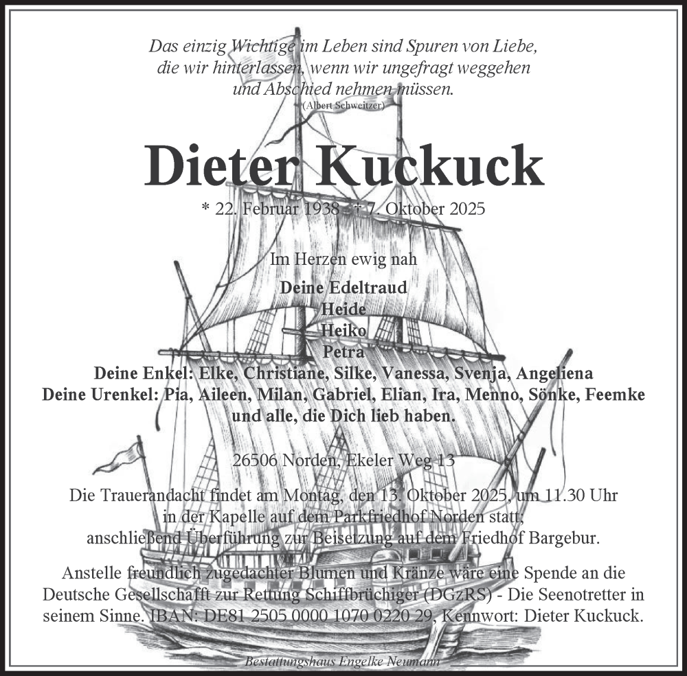  Traueranzeige für Dieter Kuckuck vom 11.10.2025 aus Ostfriesischer Kurier